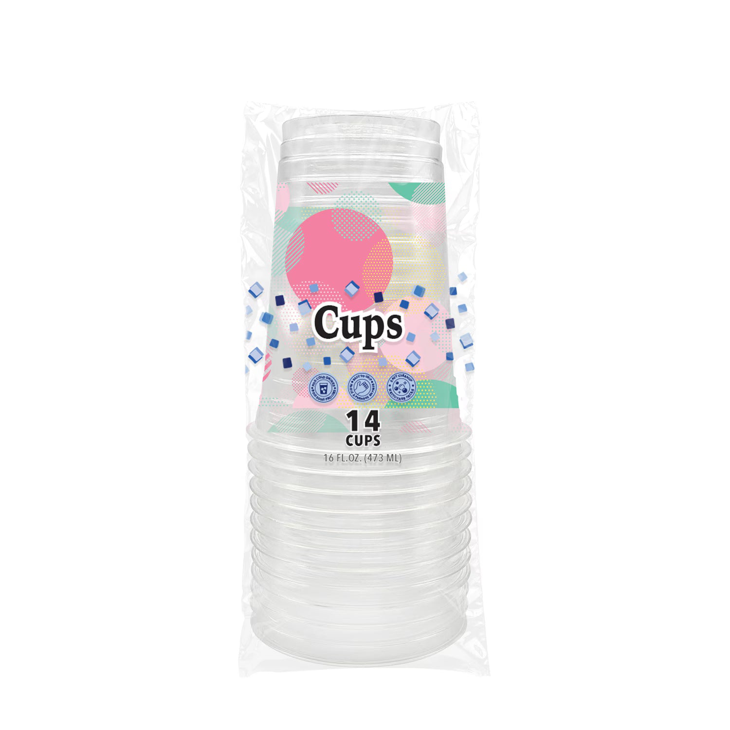 Clear Cups With Printed Designs, 14-pc Pack.