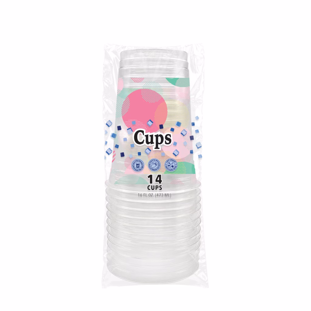 Clear Cups With Printed Designs, 14-pc Pack. 16oz